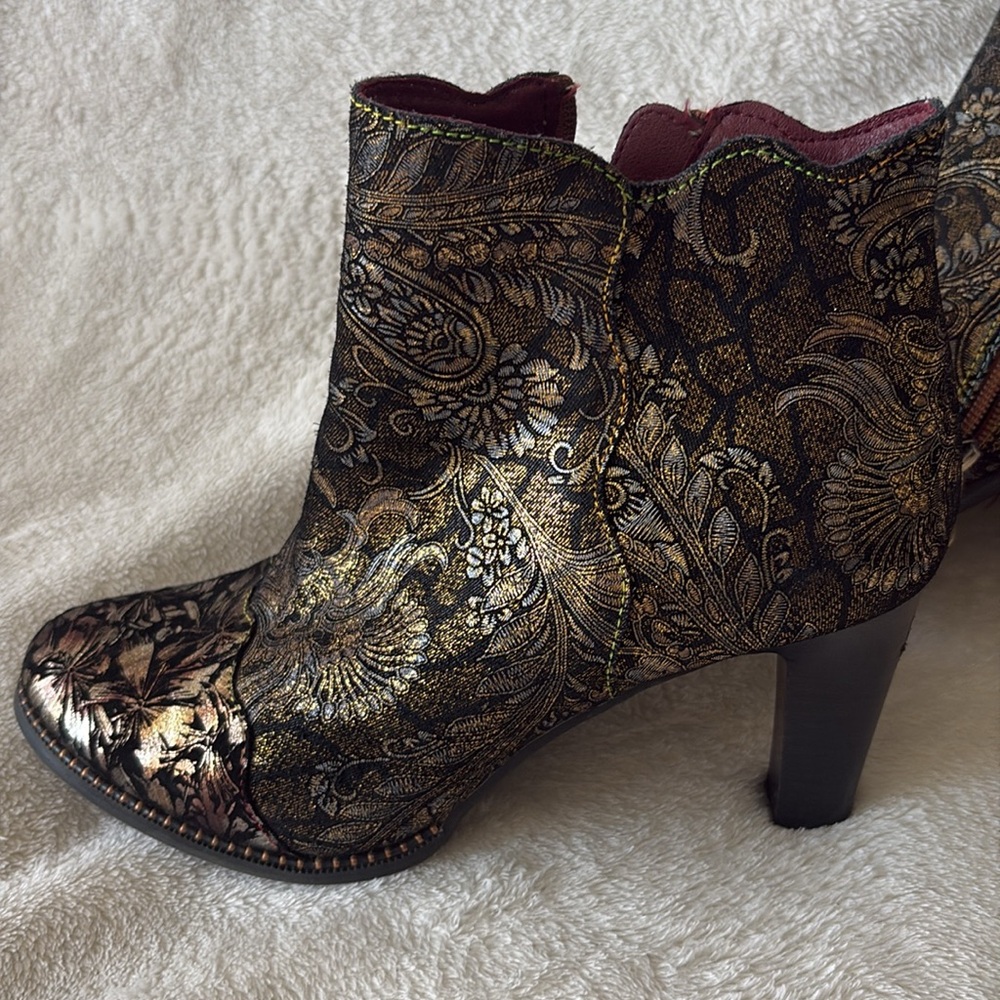 Floral Embossed Metallic Black & Gold Ankle Booties